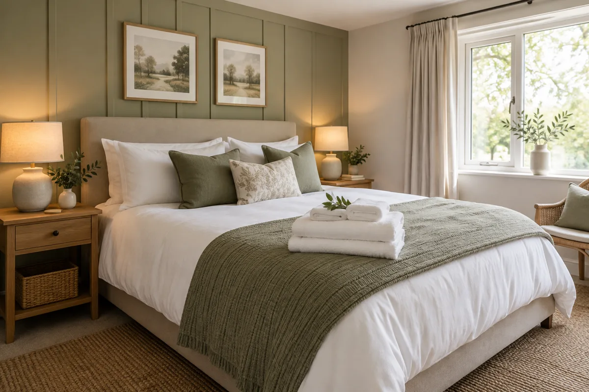 Guest bedroom with crisp bedding and neatly folded towels