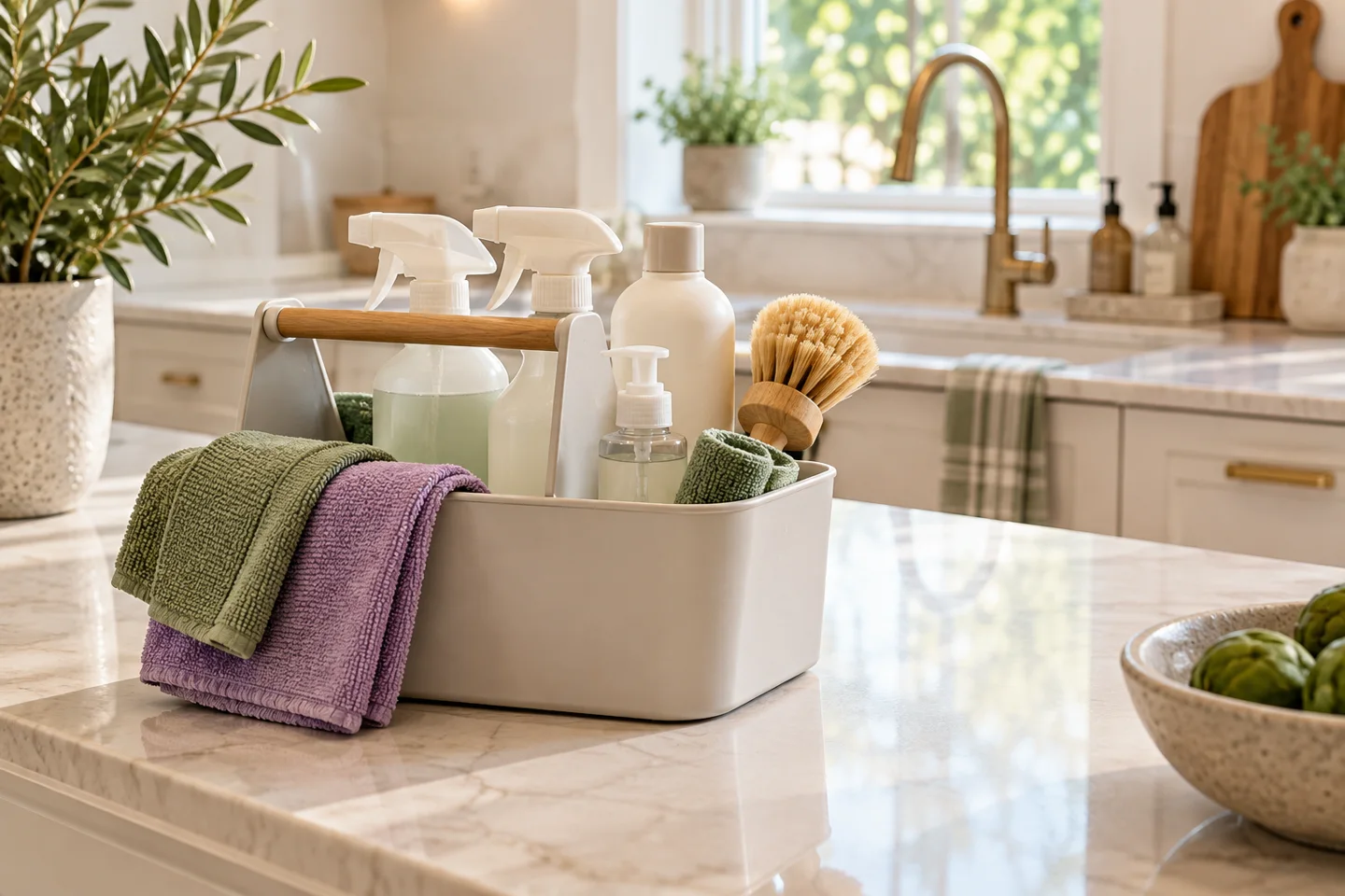 Illustrative cleaning caddy with folded cloths beside a clean kitchen counter