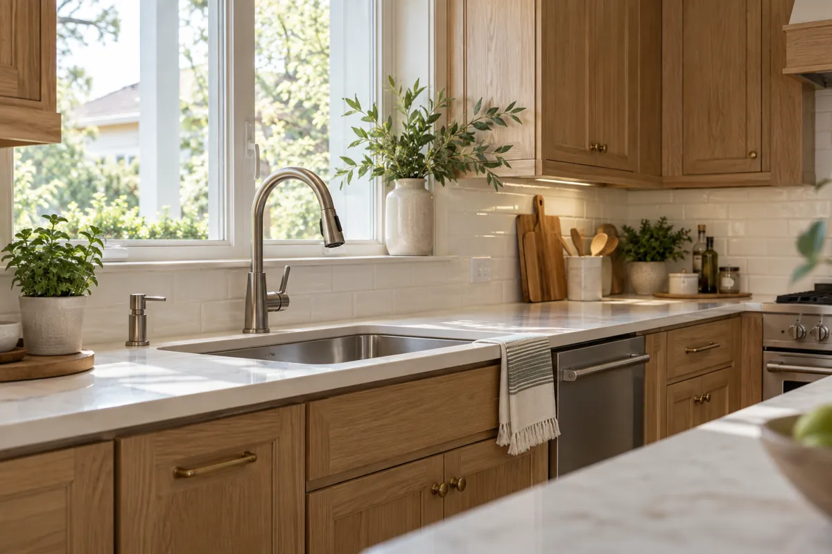 Spotless kitchen sink and counters with oak cabinetry