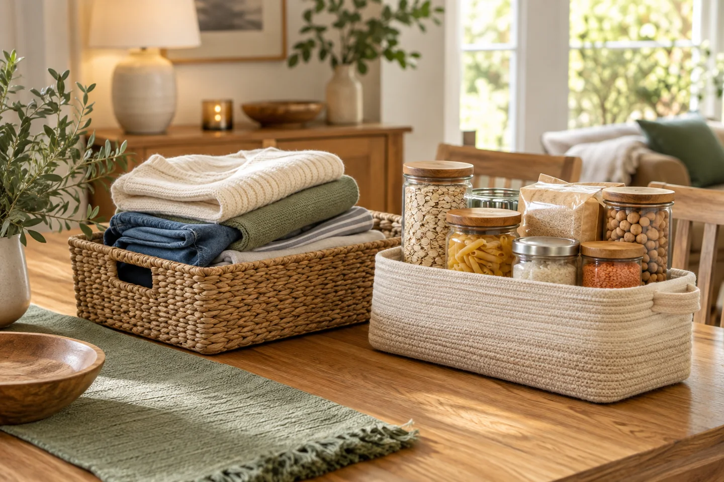 Illustrative baskets of folded clothing and pantry essentials ready to be donated