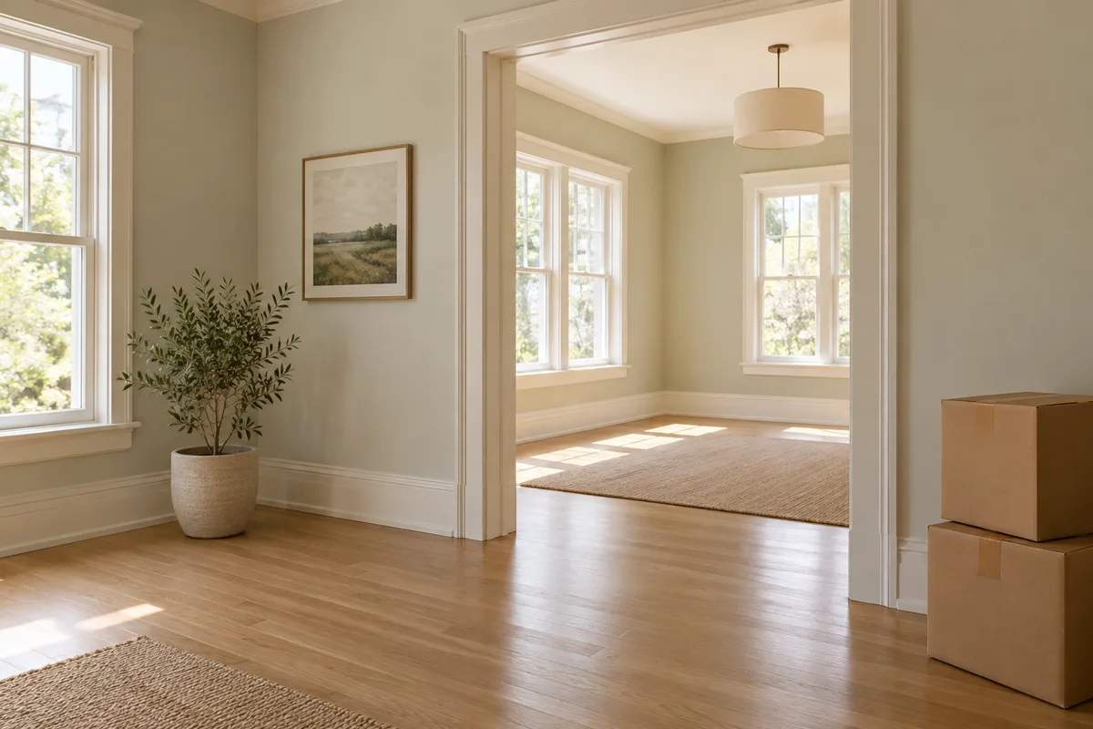Freshly cleaned move-in ready rooms with moving boxes