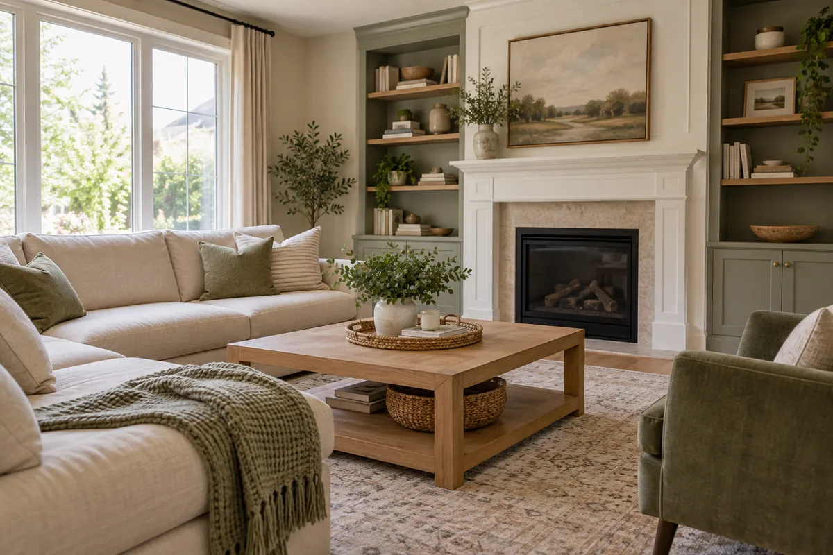 Freshly cleaned living room with cream sofa and oak coffee table