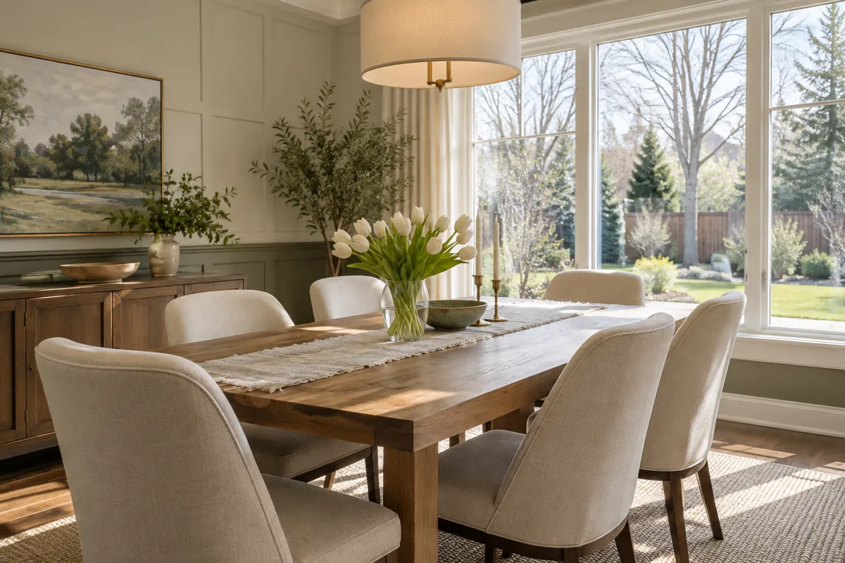 Sunlit dining room with clear windows and spring tulips