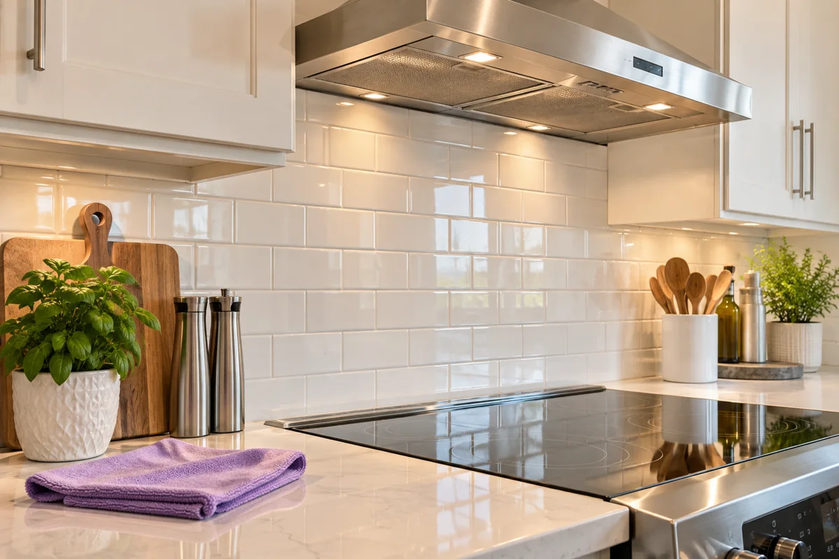 Spotless stovetop and tiled kitchen backsplash