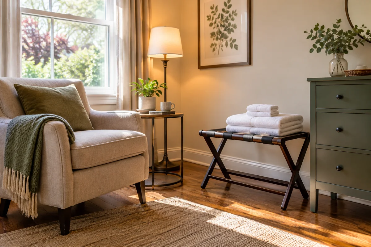 Welcoming guest suite nook with fresh towels and a luggage rack