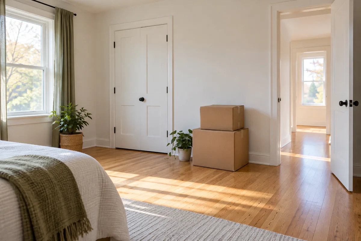 Clean empty bedroom ready for a move with packed boxes