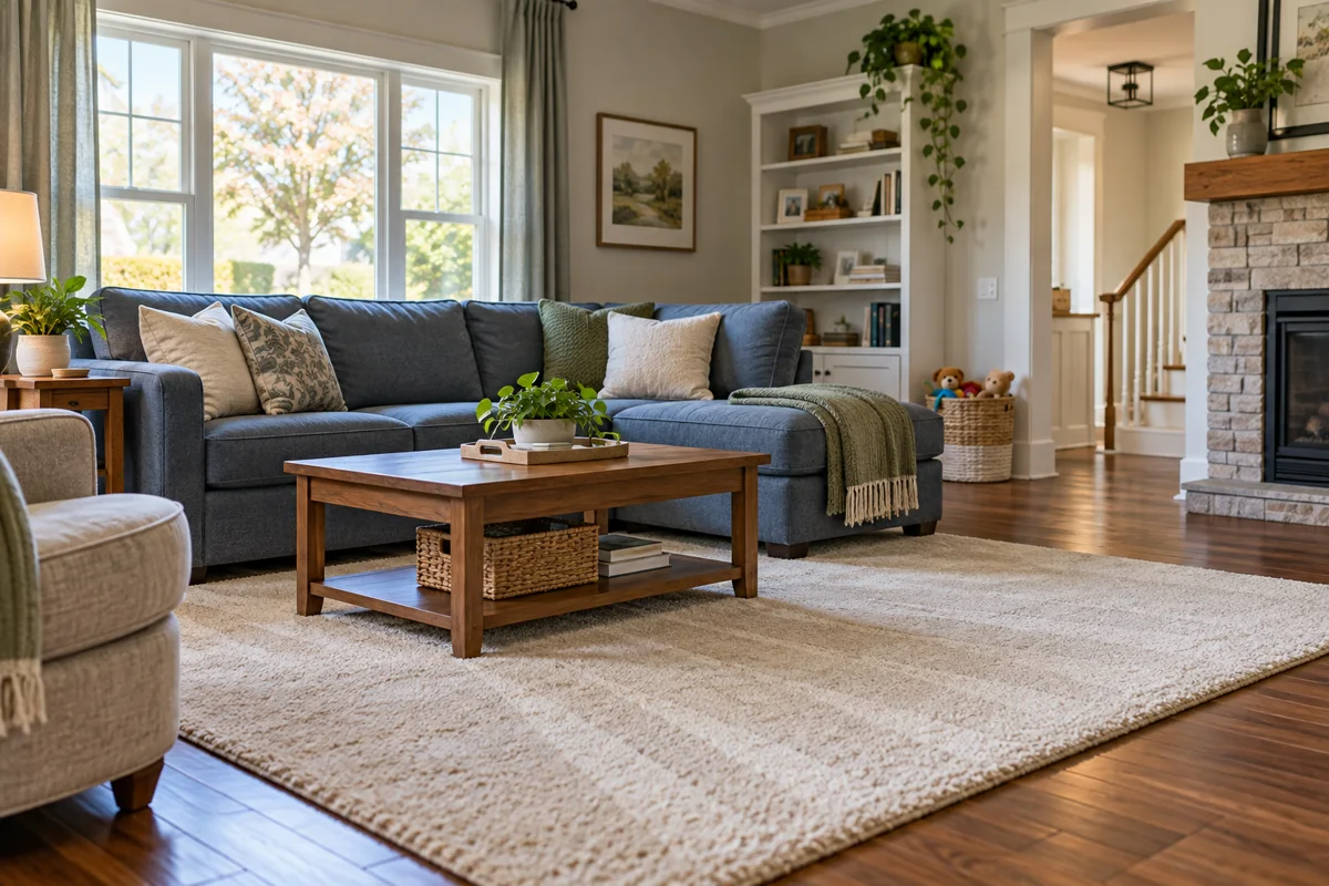 Freshly cleaned family living room with a tidy sofa and rug