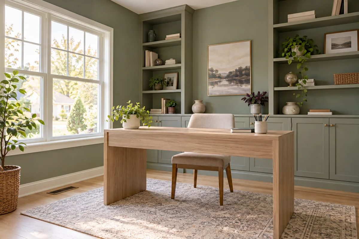 Newly finished home office with clean floors and shelves