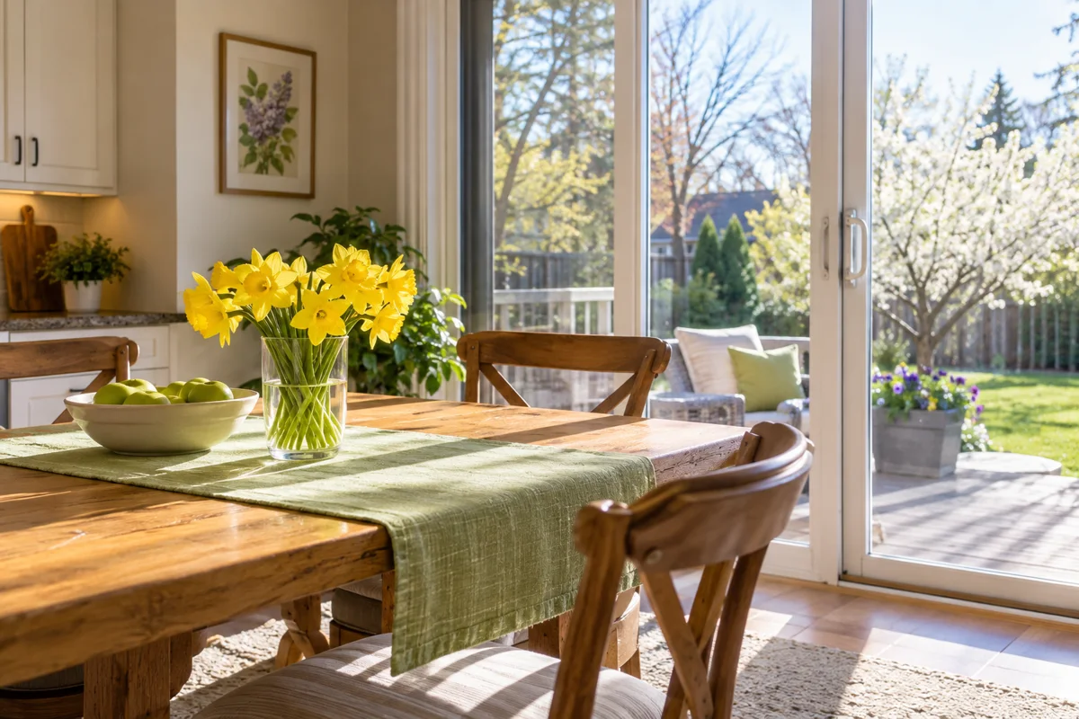 Spring sunlight through patio doors beside a breakfast table